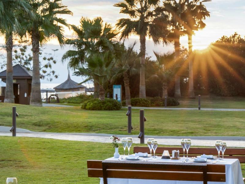 Table dressée avec nourriture et vin sur l'herbe devant des palmiers au coucher du soleil à la plage.