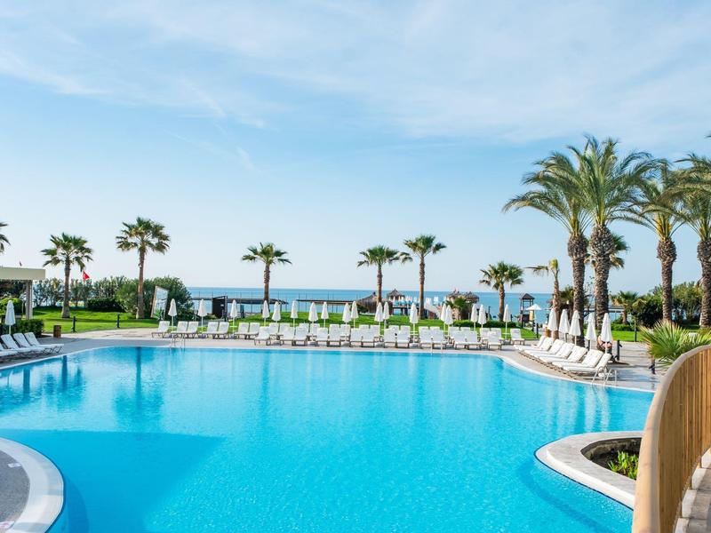 Grande piscine avec palmiers et chaises longues sous un ciel bleu en lieu de vacances.