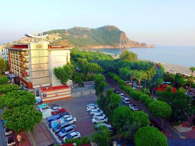 Blick auf Küstenstadt mit Hafen, grünem Park, Strand und hügeliger Landschaft im Hintergrund.