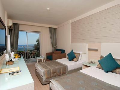 Camera d'hotel moderna con due letti, TV, balcone e vista sulla costa.