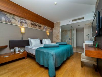 Modernes Hotelzimmer mit Doppelbett, Holzfußboden, Glas-Duschkabine und Wandbild.