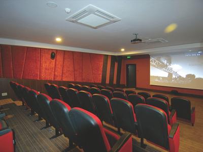 Kleiner Kinosaal mit roten Sitzen, rotem Stoff an den Wänden und einer Filmprojektion auf der Leinwand.