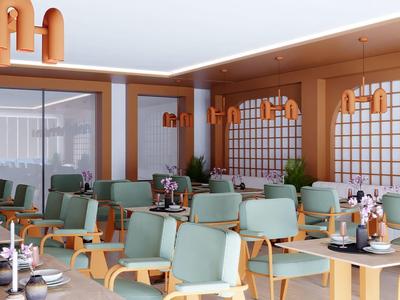 Restaurante luminoso con sillones verdes modernos, velas en las mesas y decoración cálida de madera.