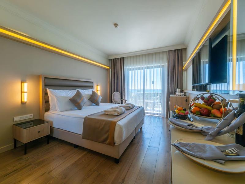 Habitación de hotel moderna con cama grande, suelo de madera, televisor plano y balcón con cortinas.