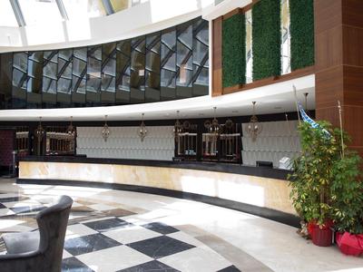 Moderno vestíbulo de hotel con mostrador de recepción curvo y plantas grandes.