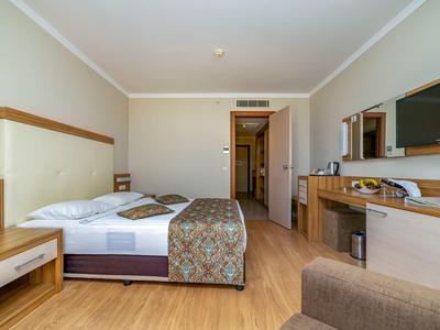 Nowoczesny pokój hotelowy z łóżkiem podwójnym, drewnianą podłogą i biurkiem z lustrem.