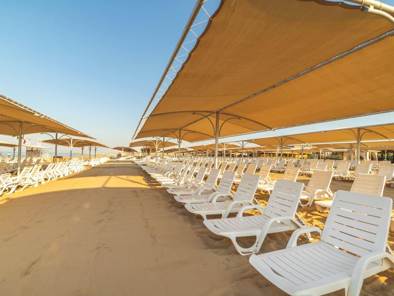 Rząd pustych białych leżaków pod dużymi pomarańczowymi markizami na piaszczystej plaży.