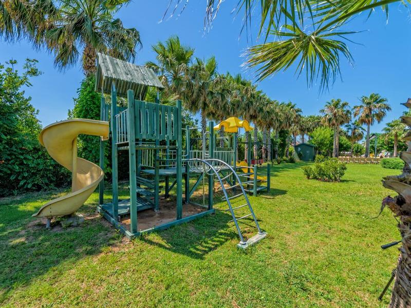 Aire de jeux avec toboggan et balançoires sur pelouse verte sous des palmiers.