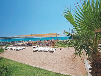 Piaszczysta plaża z leżakami, palmami i widokiem na niebieskie morze i słoneczne niebo.