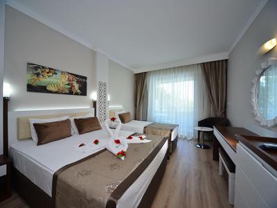 Nowoczesny pokój hotelowy z łóżkiem podwójnym, ozdobnymi poduszkami i dużym oknem z zasłonami.