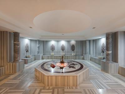 Spacious circular marble hammam with central fountain and intricately patterned walls.