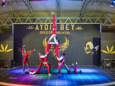 Spettacolo acrobatico con cinque ballerini in costumi colorati sul palco dell'hotel Aydı Bey.
