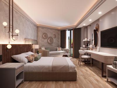 Habitación de hotel moderna con cama doble, zona de estar, TV e iluminación elegante.