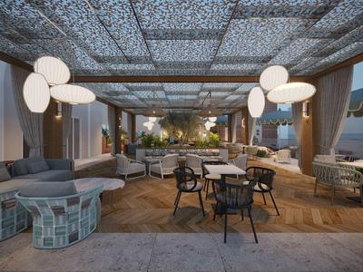 Espace lounge moderne et cosy avec lampes décoratives et groupes de sièges sous un plafond orné.