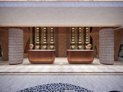 Hall d'hôtel avec deux comptoirs de réception, piliers décoratifs et éclairage chaleureux.