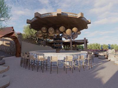 Bar extérieure moderne avec comptoir rond et plusieurs tabourets sous un ciel bleu.