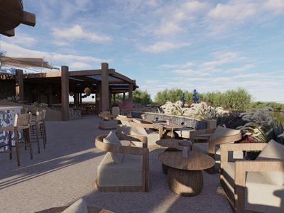 Otwarta przestrzeń lounge z nowoczesnymi miejscami do siedzenia i barem pod niebieskim niebem.