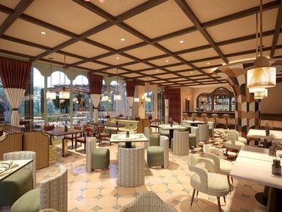 Restaurant d'hôtel lumineux avec mobilier moderne et grandes fenêtres.