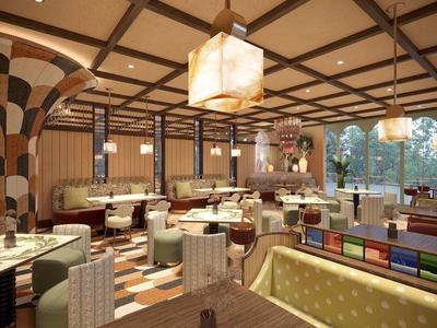 Espace restaurant d'hôtel élégant avec mobilier stylé et éclairage chaleureux.