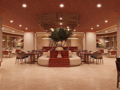 Restaurant d'hôtel moderne et élégant avec éclairage chaleureux et arrangement floral central.