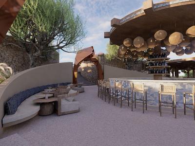 Área de bar al aire libre moderna con asiento cómodo y taburetes de madera bajo un techo abovedado.