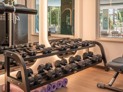 Sala de entrenamiento moderna con pesas, espejos y colchonetas de yoga en un hotel.