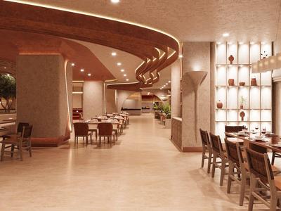 Restaurante moderno de hotel con luz cálida, muebles de madera y ambiente acogedor.