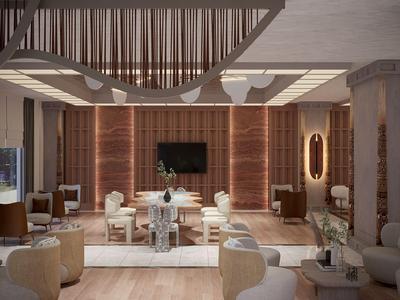 Lujoso vestíbulo de hotel con sillones cómodos, detalles cálidos de madera e iluminación elegante.