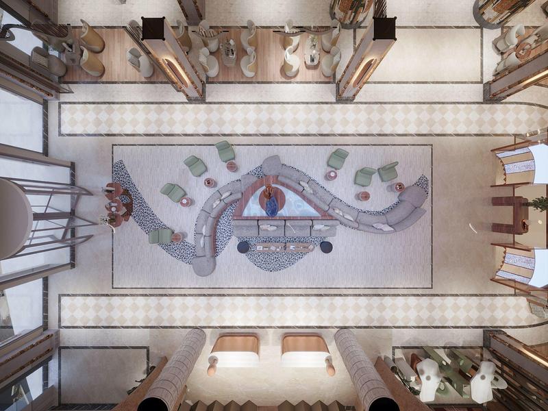 Widok z góry jasnego pokoju z długim dywanem i meblami po bokach.