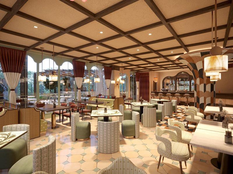 Restaurant d'hôtel lumineux avec mobilier moderne et grandes fenêtres.