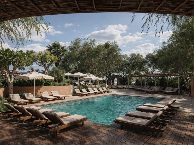 Belle piscine avec chaises longues, parasols et arbres par une journée ensoleillée.