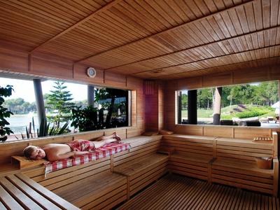 Saunová místnost s dřevěnými lavicemi a okny s výhledem na jezero a zahradu.