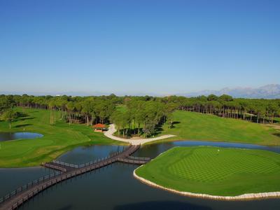 Green golf course with sand bunkers, water hazards, and a bridge under a blue sky.