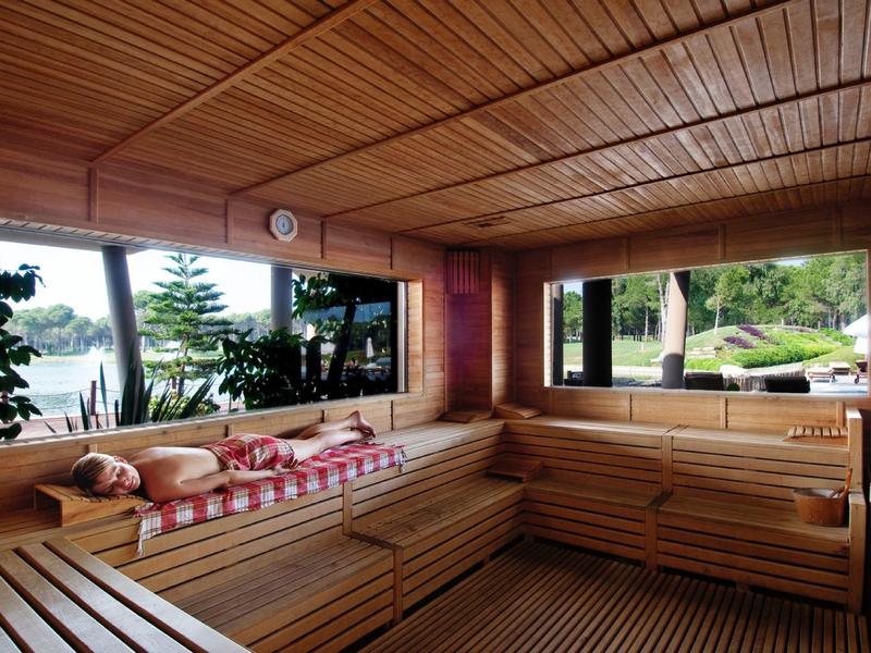 Saunová místnost s dřevěnými lavicemi a okny s výhledem na jezero a zahradu.
