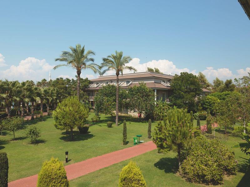 Großer Garten mit Palmen und Gebäuden unter blauem Himmel bei Sonnenschein