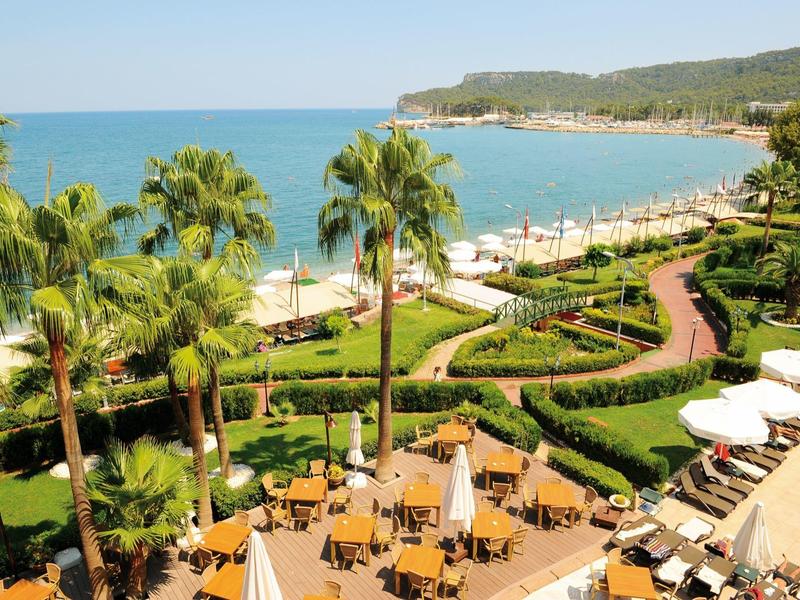 Vista del giardino con palme, area pranzo e spiaggia sulla riva dell'oceano con tempo soleggiato.