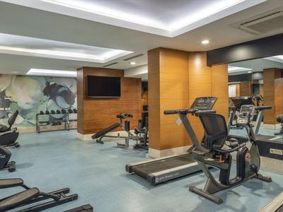 Moderní posilovna s různým vybavením a zrcadlovými stěnami v hotelu.