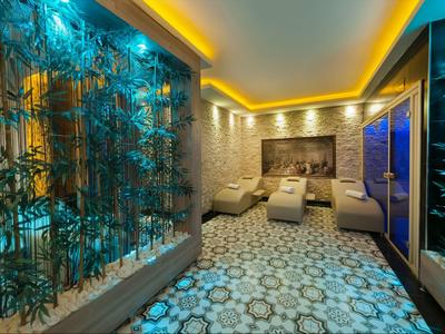 Área de spa moderna con iluminación relajante y pared de plantas en hotel.