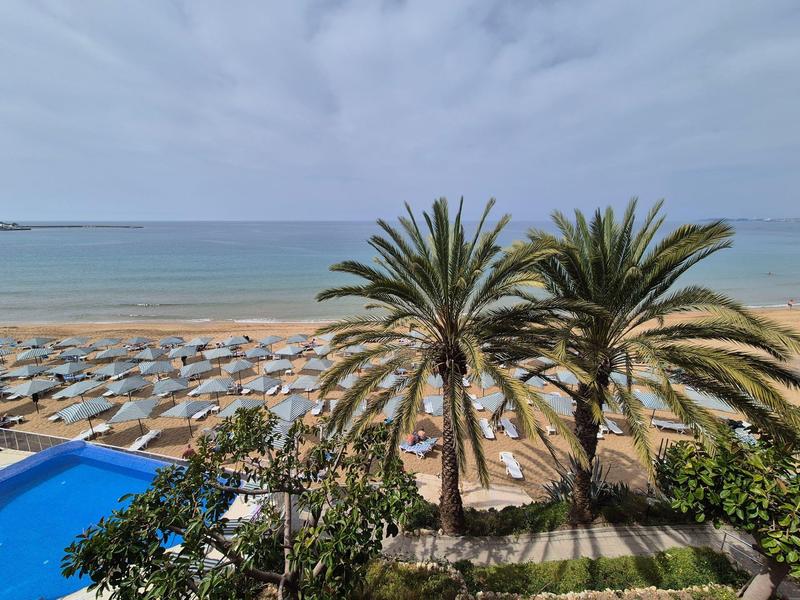 Playa con palmeras, sombrillas y una piscina azul junto al mar en un día nublado.