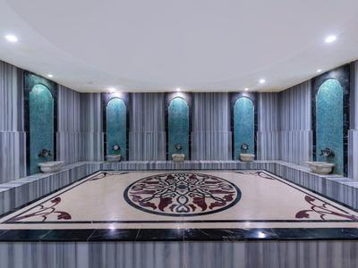 Un bain turc luxueux avec une plateforme centrale en marbre et des fenêtres voûtées décoratives.