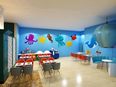 Barevná jídelna s mořskými dekoracemi, červenými stoly a šedými židlemi.