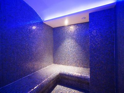 Tmavá moderní parní místnost s modrými mozaikovými dlaždicemi a nepřímým osvětlením stropu.