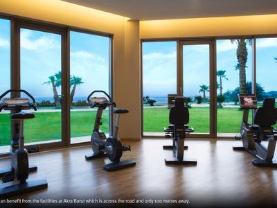 Gym with exercise machines and large windows overlooking a green lawn and the sea.