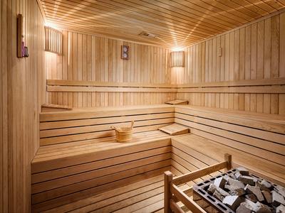 Pohodlná sauna s dřevěnými lavicemi, osvětlením a saunovou kamny s kameny.