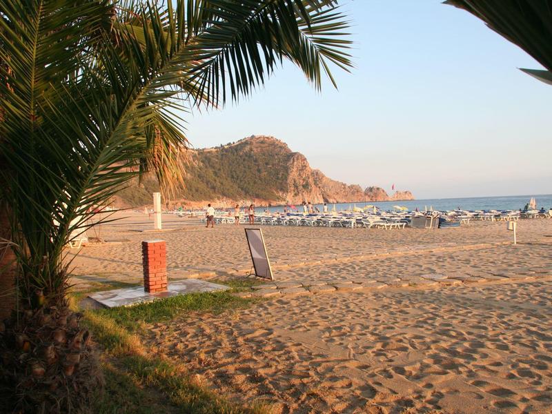Zandstrand met parasols, palmbomen op de voorgrond en rotsheuvels op de achtergrond onder een heldere lucht.