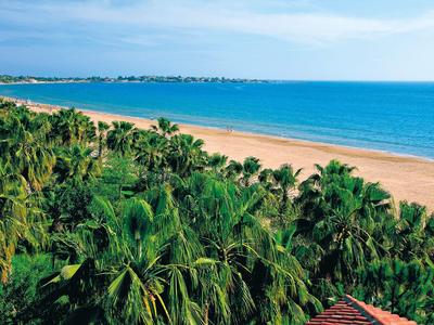 Costa con palme, spiaggia sabbiosa e mare blu sotto un cielo sereno.