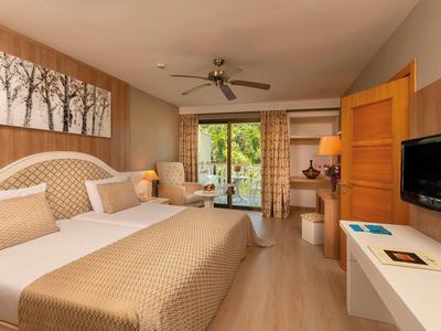 Světý hotelový pokoj s velkou postelí, posezením, televizí a balkonem s výhledem na zahradu.