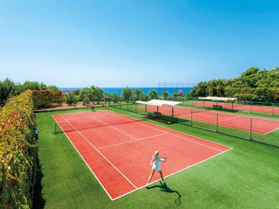 Due campi da tennis rossi circondati dal verde con vista sul mare.