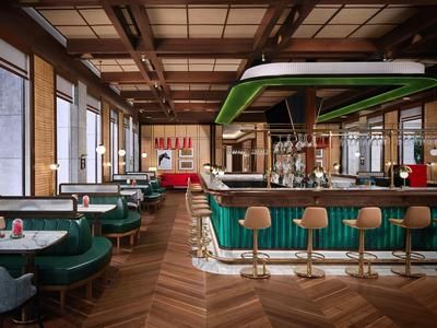 Modern eingerichtete Hotelbar mit grünen Sesseln und Holzfußboden in warmem Licht