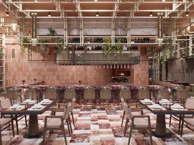 Ruime moderne eetzaal met houten stoelen, tafels en hangende planten in een hotel.